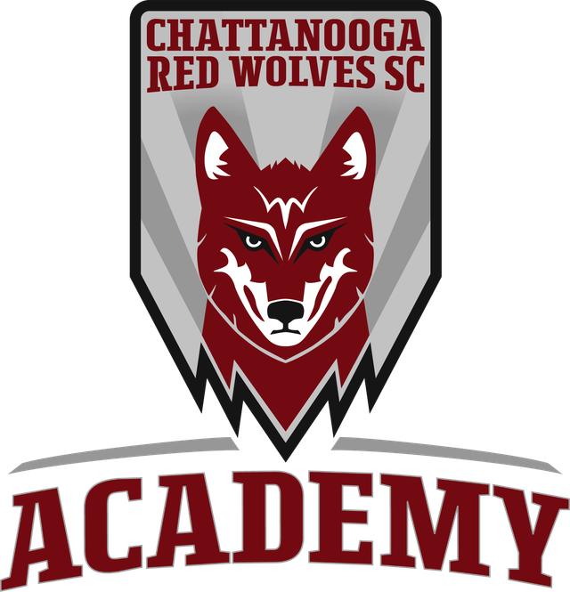 Logo of Chattanooga Red Wolves SC featuring a stylized red wolf head on a shield, with CHATTANOOGA RED WOLVES SC above and ACADEMY in large letters below.