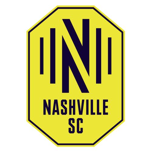 Yellow octagonal logo with bold black N design in the center, vertical lines on each side, and the text NASHVILLE SC below.