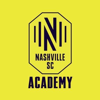 Yellow background with a black outlined octagon featuring a stylized N and the text Nashville SC inside. Below the octagon, the word ACADEMY appears in bold black letters.