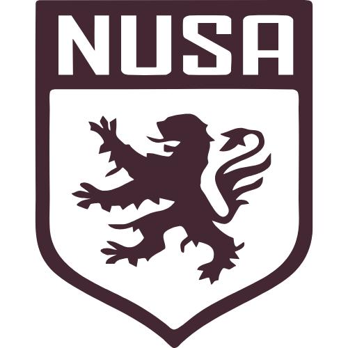 A shield-shaped logo with NUSA at the top and a stylized lion standing on its hind legs in the lower section.