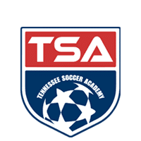A shield-shaped logo with TSA in white on a red background above Tennessee Soccer Academy and a stylized soccer ball on a blue background.