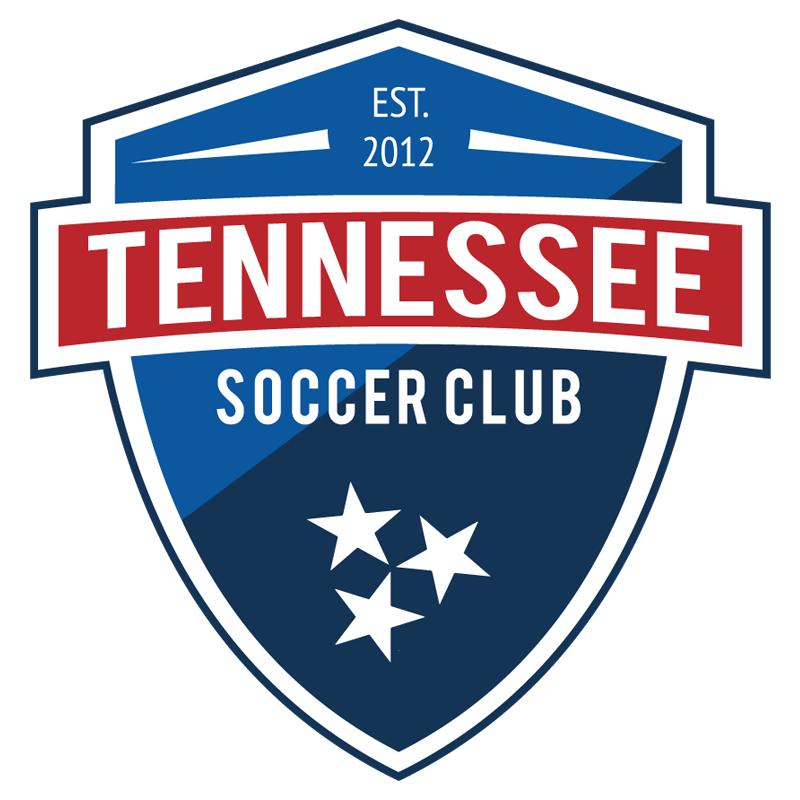 Blue and red shield-shaped logo for Tennessee Soccer Club, established 2012, with three white stars in the lower section.