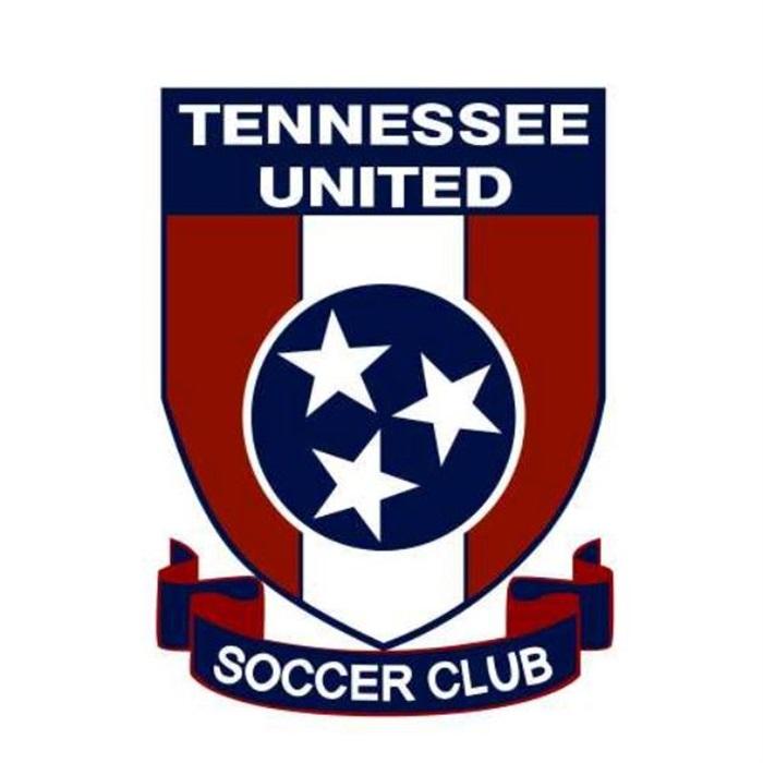 A shield-shaped logo with Tennessee United at the top, three white stars in a blue circle, red and white stripes, and a red ribbon at the bottom reading Soccer Club..